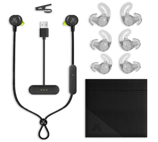 Box contents of the Tarah Pro wireless earbuds with interchangible eargels, charging cradle, shirt clip, speed cinch & pouch