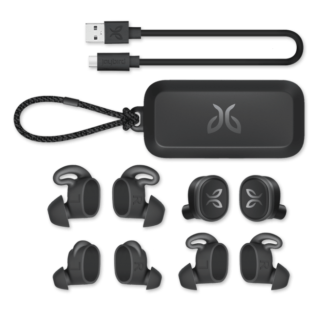 Jaybird Vista wireless earbuds come with USB-C charging cable, charging case & various sized interchangeable eargels