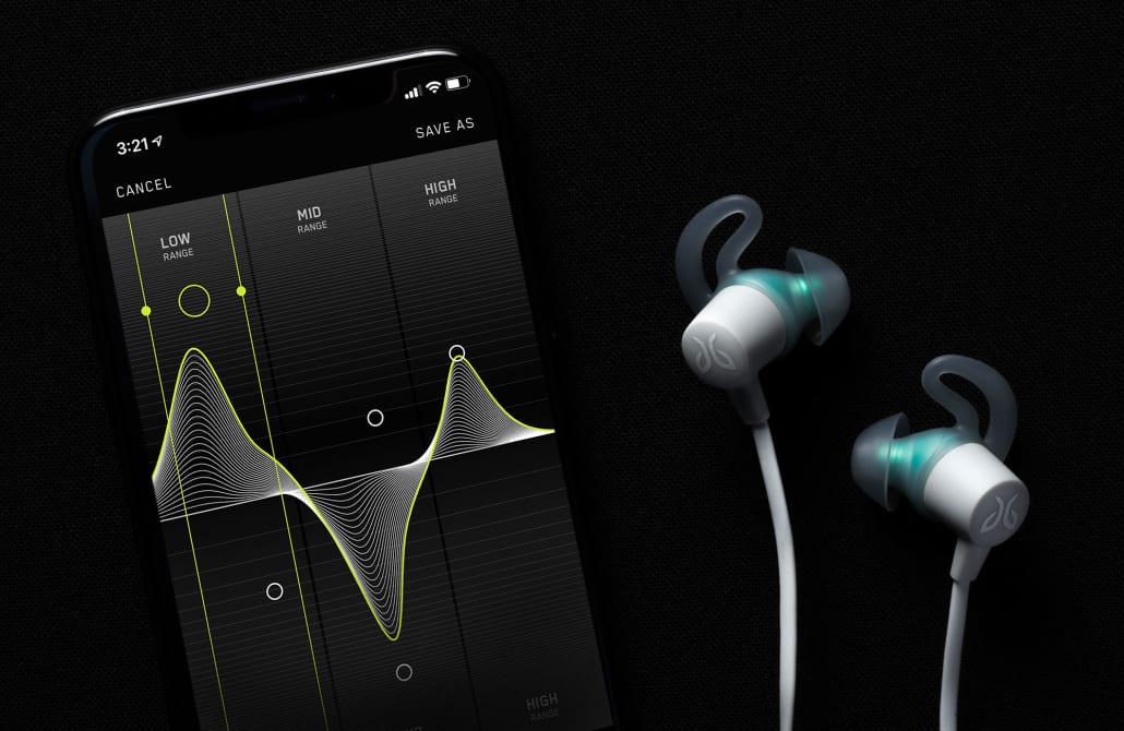 Tarah wireless workout earbuds shown with Jaybird App for customizing sound EQ and presets